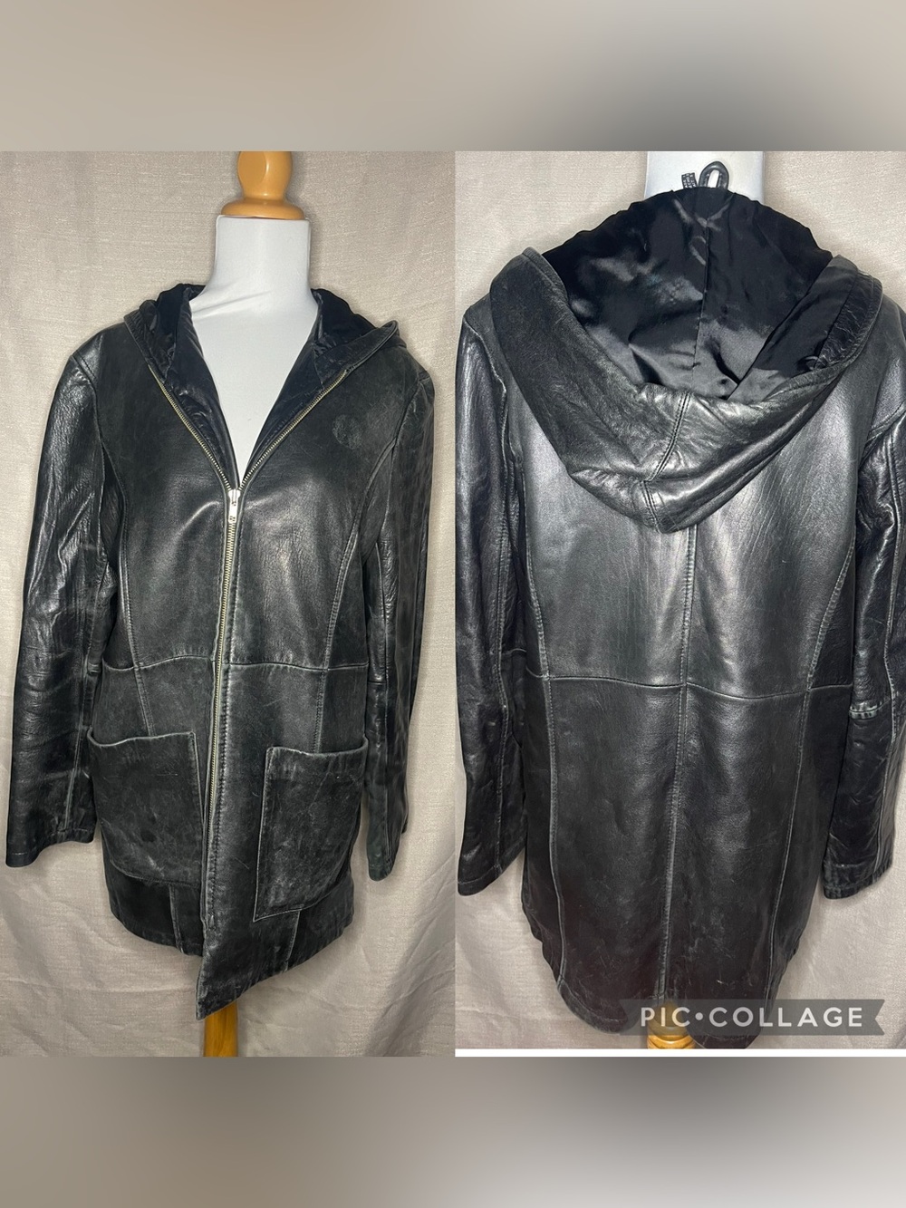 Harvé Benard Black Leather Hooded Zip Front Jacket
